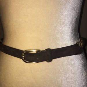 Brown suede belt with gold accents. Medium